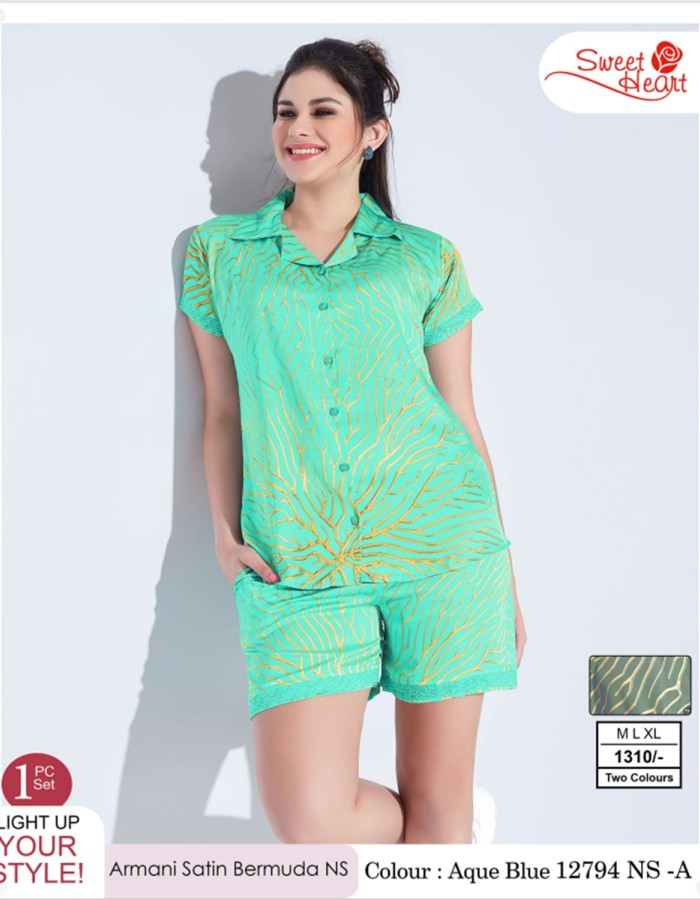 Armani Satin Bermuda Night Suit(NS) - 12794 NS - A - Aque Blue